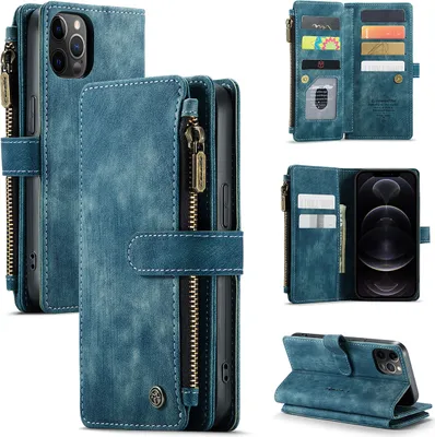 Produktbild von iPhone 12 Pro Max Handyhülle, Reißverschluss Hülle Kunstleder Klapphülle Magnetverschluss Kartenfach Standfunktion Geldbörse Schutzhülle für iPhone 12 Pro Max Blau