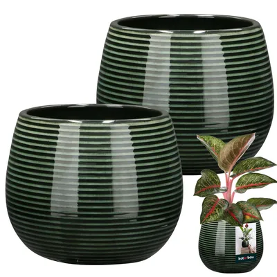 Image de KOTARBAU® Pot de fleurs vert foncé Céramique ronde ⌀ 12 cm Hauteur 14 cm Céramique émaillée 2 pcs Cache-pot de fleurs grand Cache-pot Céramique Pot de fleurs Céramique