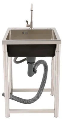 Produktbild von Freistehende Edelstahlspüle mit mobilem Einzelbecken und Wasserhahn für Haushalt, Gewerbe und Outdoor, modernes Design