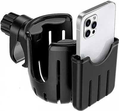 Produktbild von PolkaHome® Universelle Becher- und Telefonhalterung für Kinderwagen, Fahrräder, Rollstühle und mehr – Schwarz