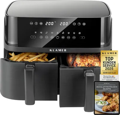 Produktbild von KLAMER Heißluftfritteuse Duo 9 L – Doppelkammer Airfryer mit 2 Körben & Digitaldisplay, 10 Automatikprogramme, Dual-Funktion, Timer, 3000 W Heißluft-Zirkulation, spülmaschinengeeignet