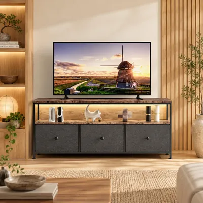 Zdjęcie produktu dla INONEFT, mała szafka pod telewizor z oświetleniem LED, stojak na telewizor z 3 szufladami, komoda pod telewizor do salonu, sypialni, przedpokoju, wymiary 137x30x57 cm, kolor czarny