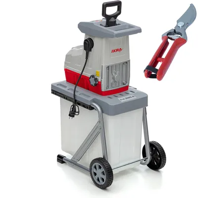 A garden shredder and a pair of pruning shears are displayed against a white background.