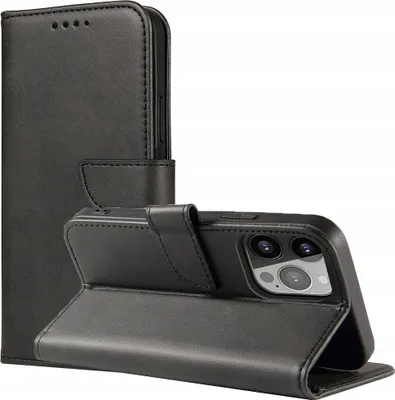 A black flip book-style wallet case for a smartphone is shown.