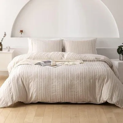 Produktbild von Famanu Bettwäsche Beige, 135 x 200 cm, 4-teilig, Boho, getuft, gestreift, wendbar