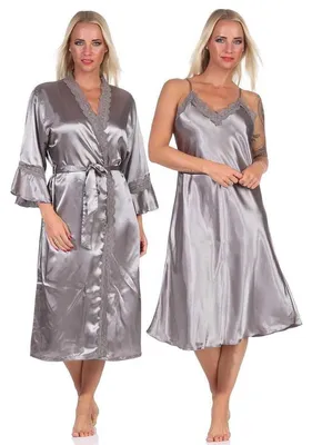 Produktbild von Damen 2 Teiler Kimono Negligé Nachtmantel Satinrobe mit Spitze; Taupe/M/38