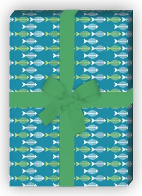Produktbild von Retro Geschenkpapier mit kleinen Fischen in grün - G6370, 32 x 48cm