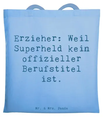 Produktbild von Mr. & Mrs. Panda Tote Bag Spruch Erzieher Superheld - Sky Blue - Geschenk, personalisierte Geschenke, Tragetasche, Beruf, Tasche, handgefertigte, Jutebeutel, Spielen