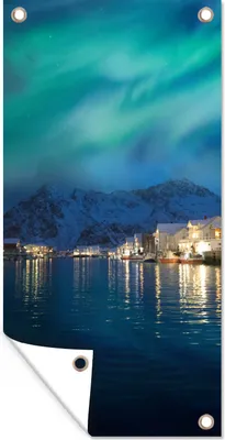 Produktbild von MuchoWow® 30x60 cm Outdoor-Poster Gartendeko Sichtschutz Garten Poster für den Garten  Nordlichter - Norwegen - Berg