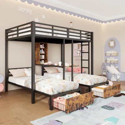 A children's bedroom with a multi-level bunk bed, storage drawers, and decorative elements.