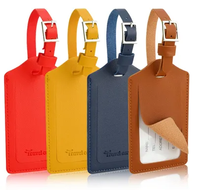 Immagine prodotto di Etichetta per bagagli - Etichetta con indirizzo - Finto cuoio - 7 x 11,6 cm - Rosso, giallo, blu scuro e marrone