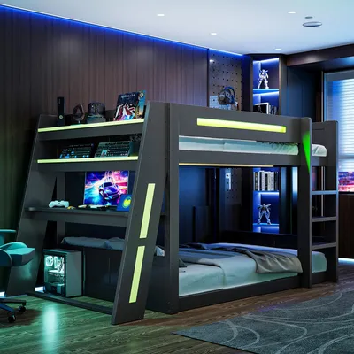 Immagine prodotto di Letto a castello Merax Gaming 140x200 cm, letto a soppalco con scrivania, illuminazione a LED, porta USB, letto in legno per bambini con ripiani, letto per ragazzi, nero