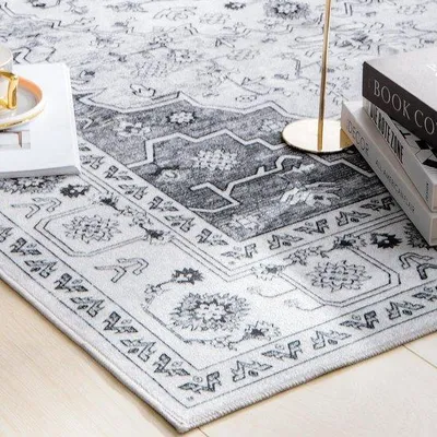 Produktbild von Famanu Läufer Teppich 90x150cm Antirutsch Waschbar Vintage Blumenmedaillon - Grau