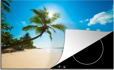 Produktbild von KitchenYeah© Herdabdeckplatte Strand - Meer - Sonne - Palme , 80x52cm, Küche Deko, Glaskeramikkochfeld Herdabdeckung, Abdeckplatte fùr Kochfeld