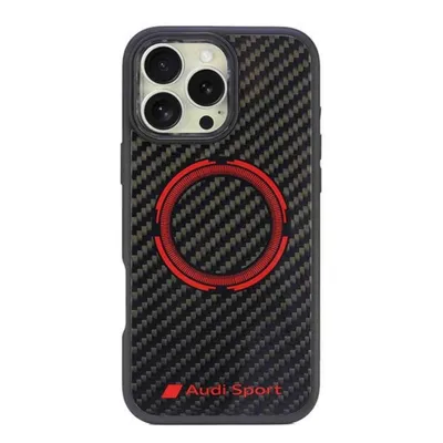 A black and gray carbon fiber phone case with a red circular design and the Audi Sport logo.