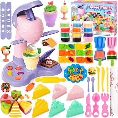 Productafbeelding van 46 stuks kleideegset voor kinderen, keukencreaties, ijsmachine, kleiaccessoires met accessoires en 12 blikjes kneedjes