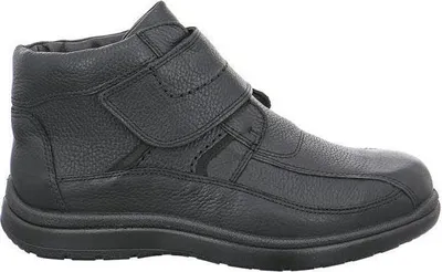 A black leather boot is shown against a white background.