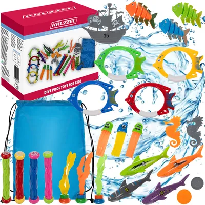 A collection of colorful pool toys for children, including dive rings, dive sticks, and toy sea creatures, arranged with water splashes.