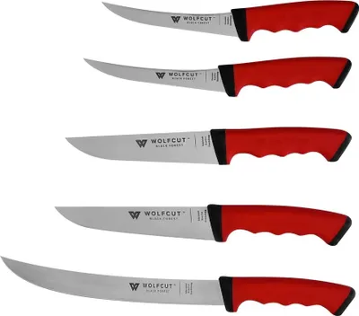 Produktbild von Metzgermesser-Set 5-tlg. - Ausbeinmesser, Stechmesser, Fleischermesser, Zerlegemesser - SoftGrip RED-Serie von WOLFCUT