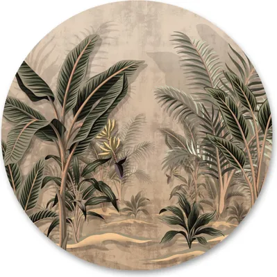 Produktbild von Sticker RUND tropische BÄUME Blätter Pflanzen Retro Wohnzimmer Schlafzimmer Büro Wanddeko Wandtattoo Aufkleber 100 cm x 100 cm