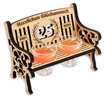 Produktbild von Schnapsbank 25 Jahre Jubiläum mit 2 Schnapsgläsern, 16 x 12 cm, Buchensperrholz 8 mm