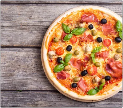 Produktbild von Spritzschutz Herdabdeckplatte Schneidebrett aus Glas Pizza mit Schinken 1-Teilig (60x52cm)