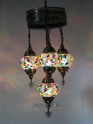 Produktbild von Türkische Mozaik-Hängelampe, handgefertigte marokkanische Deckenleuchte, 4 bunte Glaskugeln, orientalischer Stil