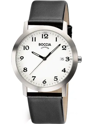 A close-up studio shot of a men's analog wristwatch with a white face and black leather strap.
