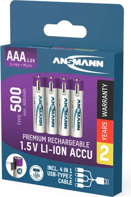 Zdjęcie produktu dla Ansmann 1311-0028, Bateria do ponownego naładowania, AAA, Litowo-jonowa (Li-Ion), 1,5 V, 4 szt., 500 mAh