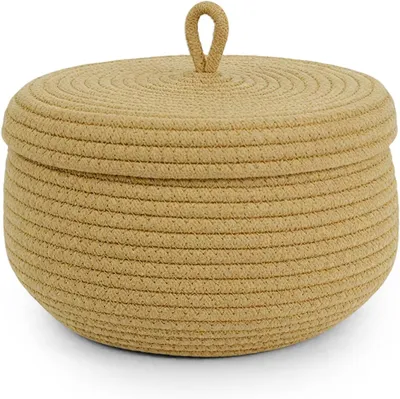 Immagine prodotto di Cesto portaoggetti con coperchio, realizzato in corda di cotone, dimensioni 23 x 17 cm, intrecciato, ideale per il soggiorno
