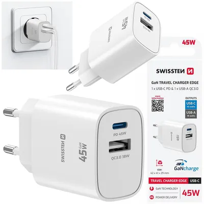 Zdjęcie produktu dla SZYBKA ŁADOWARKA SIECIOWA GaN 1x USB-C 45 W PD + 1x USB-A 18W QC SWISSTEN