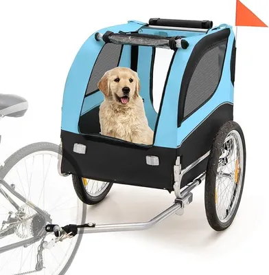 Produktbild von Hundeanhänger für Fahrrad, bis 40 kg belastbar, Fahrradanhänger für kleine & mittelgroße Hunde, Stabiler Hundebuggy mit 8 Reflektoren, Klappbarer Hundefahrradanhänger, Oxford (Blau)