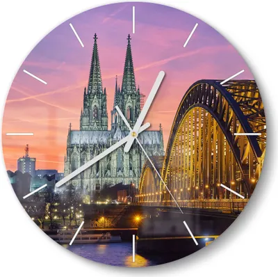 Produktbild von DEQORI Glasuhr Ø30 cm Modern 'Kölner Wahrzeichen abends' Wanduhr Glas Uhr Design leise