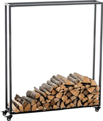 A black metal firewood rack filled with logs.