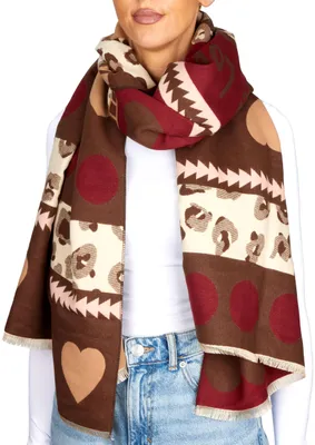 Produktbild von BRUBAKER Cashmirillo Damen Schal mit Herz Muster - 70 x 200 cm - Warm, Kuschelig & Oversized - Damenschal, Bordeaux Rot, Braun & Rosa