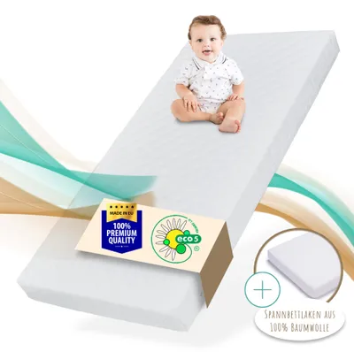 Image de Matelas bébé 60x120cm avec drap housse et housse lavable | Matelas pour lit d'enfant | Matelas en mousse froide de haute qualité 120 x 60 cm