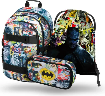 A set of Batman-themed school supplies including a backpack, pencil case, and drawstring bag, all featuring a collage of comic book art.