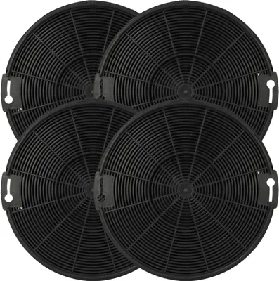 Four round black carbon filters are arranged in a diagonal pattern against a white background.