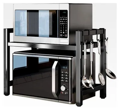 Produktbild von Erweiterbares Mikrowellenregal 40-65 cm, Stehendes Regal mit 4 Haken, Küchenregal aus Kohlenstoffstahl, Schwarzer Organizer für Küchenarbeitsplatten (42 x 36,5 cm)