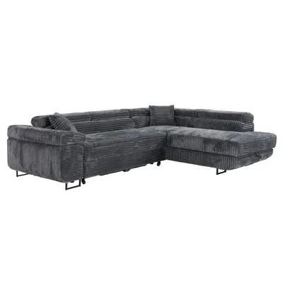 Produktbild von Wohnlandschaft Ecksofa MIAMI TILIA Cord Grau mit Bett Bettkasten Kopfteilverstellung Bett Sofa Schlafsofa Ottomane rechts