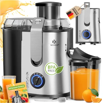 Produktbild von KESSER® Entsafter für Obst und Gemüse aus Edelstahl 1100W große 85 mm Einfüllöffnung inkl. Reinigungsbürste und Saftbehälter 3 Geschwindigkeitsstufen, Saftpresse Juicer, Silber / Silber