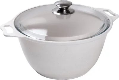 A white pot with a glass lid and silver handle is shown against a white background.
