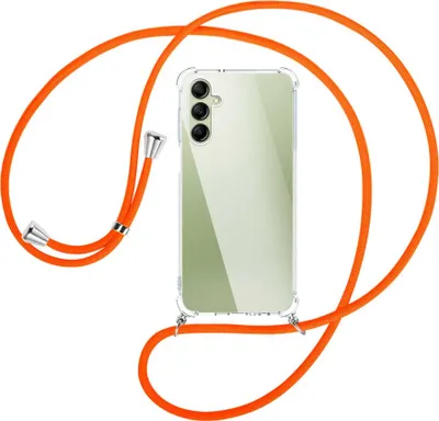 Produktbild von Handykette Backcover-Schutzhülle mit Band (Metall silberfarben) für Samsung Galaxy A14 4G (SM-A145) - neonorange