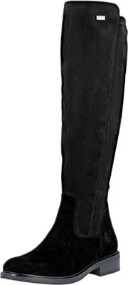 A black suede boot is shown against a white background.