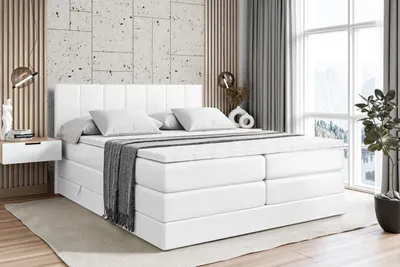 Produktbild von ALTDECOR Boxspringbett mit 2 Matratzen und Topper - 180x200 cm - MOETI KING - Weiß Kunstleder - Polsterbett mit, H3- und H4- Matratzen, Bettkasten und Lattenrost, Bett mit Stauraum