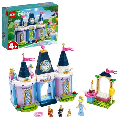 A LEGO Disney Princess Cinderella's Castle Fest building set, with the box shown above the assembled toy.