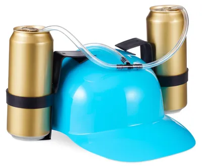 Productafbeelding van Relaxdays Feestmuts, helm met slang, geschikt voor 2 blikjes bier, grappig accessoire voor carnaval en voetbal, biermuts, lichtblauw, AI-gegenereerde afbeelding