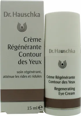 A product shot of Dr. Hauschka Regenerating Eye Cream and its packaging.