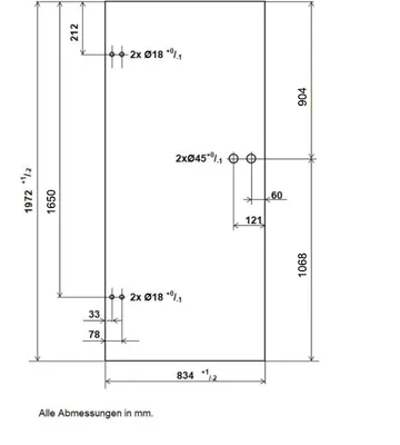Technische Zeichnung mit Abmessungen und Bohrungen in mm für Zimmertüren

