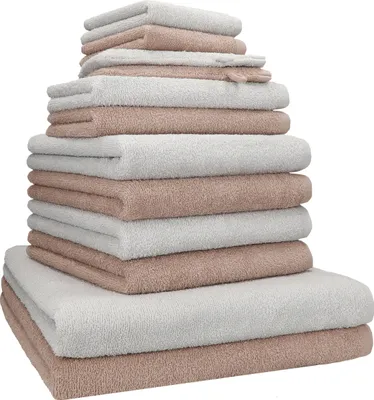 Produktbild von Betz 12-tlg. Handtuch-Set BERLIN 2 Liegetücher 4 Handtücher 2 Gästetücher 2 Seiftücher 2 Waschhandschuhe 100% Baumwolle Farbe: cappuccino / silbergrau